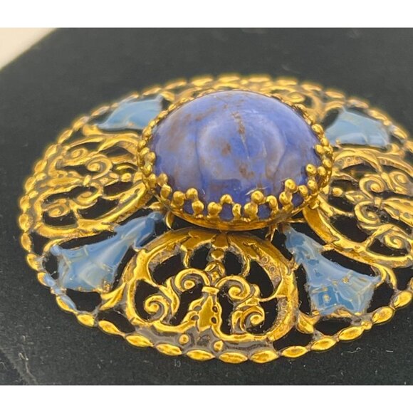 Vintage Brooch Oxidized Gold Tone Blue Accents Blue Stone W Germany - Picture 6 of 11